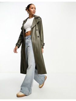 belted faux leather trench coat in khaki
