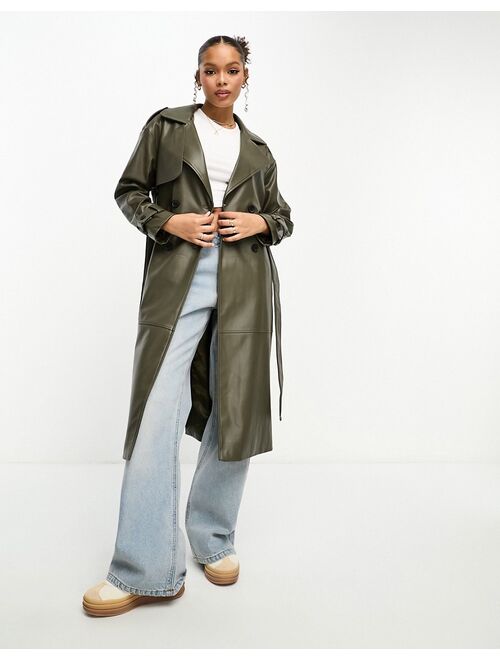 Pull&Bear belted faux leather trench coat in khaki