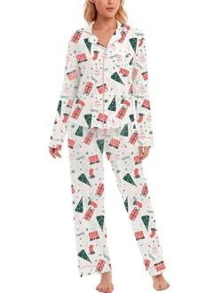 LUBOT 2023 Christmas Pajamas 100% Cotton Pajama for Women Soft Long Sleeve Button-Down Xmas 2PC PJ Sleepwear Loungewear