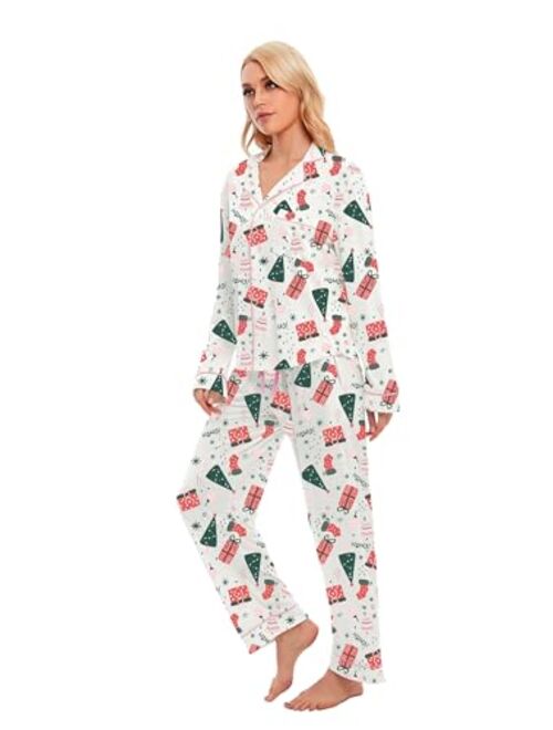 LUBOT 2023 Christmas Pajamas 100% Cotton Pajama for Women Soft Long Sleeve Button-Down Xmas 2PC PJ Sleepwear Loungewear