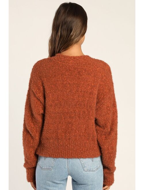 Lulus Keep Me Bundled Rust Orange Fuzzy Knit Cardigan