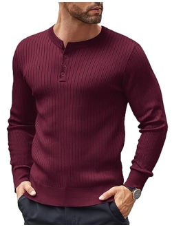 Mens Knitted Henley Shirts Casual Long Sleeve Slim Fit Lightweight Ribbed Pullover Sweater