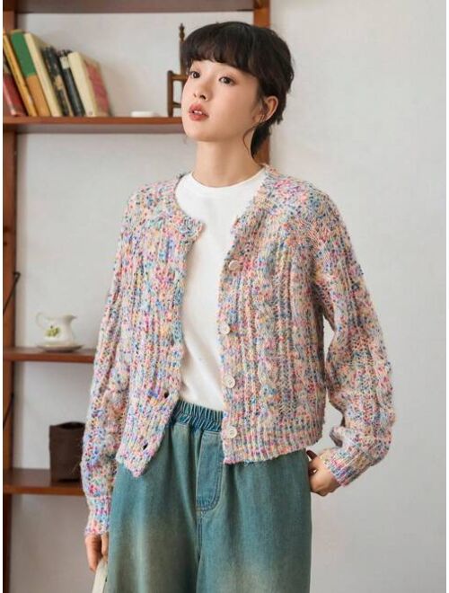 FRIFUL Space Dye Button-Up Raglan Sleeve Cable Knit Cardigan