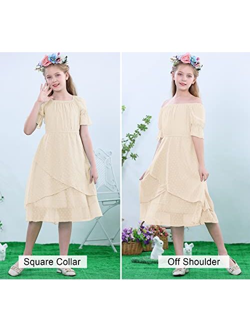 HOSIKA Girls Summer Dress Swiss Dot Short Sleeve Boho Ruffle Flowy Casual Party Dresses for 6-12 Years