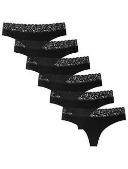 Women's Lace Thongs Half See Through T Back Low Rise Hipster Panties 6-Pack