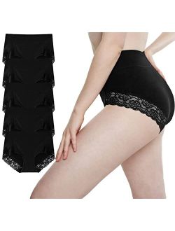 Women's Lace Trim Underwear High Waisted Stretchy Cotton Briefs 5-Pack
