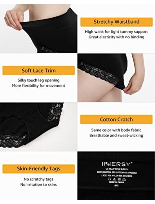 INNERSY Women's Lace Trim Underwear High Waisted Stretchy Cotton Briefs 5-Pack