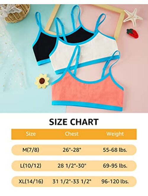 INNERSY Girls Cotton Training Bra 3 Pack Big Girls Cami Crop Bralette with Adjustable Straps First Bras for Teens Aged 7-16