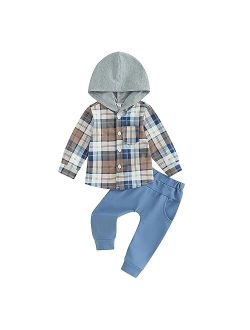 Douhoow Toddler Unisex Baby Clothes Boys Girls Flannel Shirt Tops Plaid Hoodie Sweatshirt + Sweatpants Fall Winter Outfits