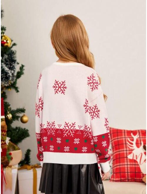 SHEIN Tween Girls 1pc Christmas Elk & Snowflake Pattern Drop Shoulder Sweater