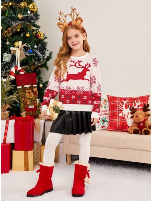 SHEIN Tween Girls 1pc Christmas Elk & Snowflake Pattern Drop Shoulder Sweater