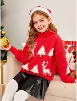 Tween Girls 1pc Christmas Tree & Elk Pattern Turtleneck Drop Shoulder Sweater