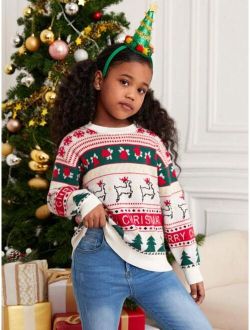 Girls Christmas Pattern Drop Shoulder Sweater
