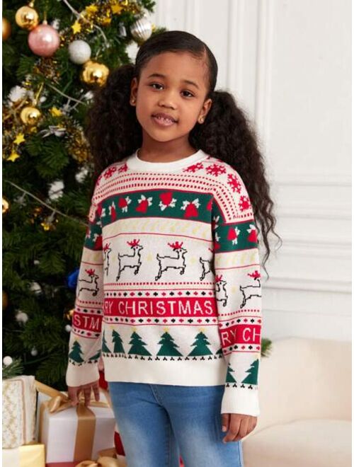 SHEIN Girls Christmas Pattern Drop Shoulder Sweater