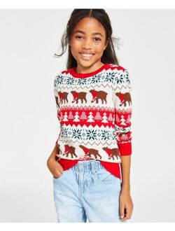 Holiday Lane Big Girls Santa Bear Sweater, Created for Macy's