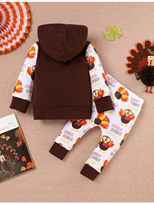 Bilison Thanksgiving Baby Outfit Thanksgiving Baby Clothes Newborn Baby boy Girl Clothes Turkey Baby Long Sleeve Turkey Hoodie Set