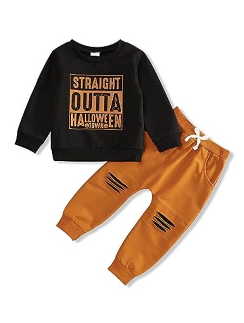 TUEMOS Toddler Boy Halloween Clothes Long Sleeve Funny Letter Top Boys Fall Clothes Winter Outfits