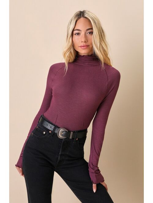 Free People Make It Easy Washed Purple Turtleneck Lettuce Edge Thermal Top