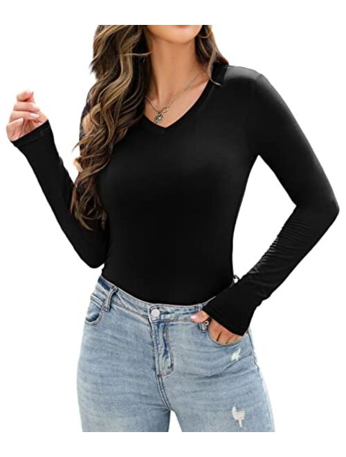 REVETRO Fall Womens Sexy V Neck T Shirt Undershirts Long Sleeve Shirt Slim Fit Basic Tee Winter Tunic Tops