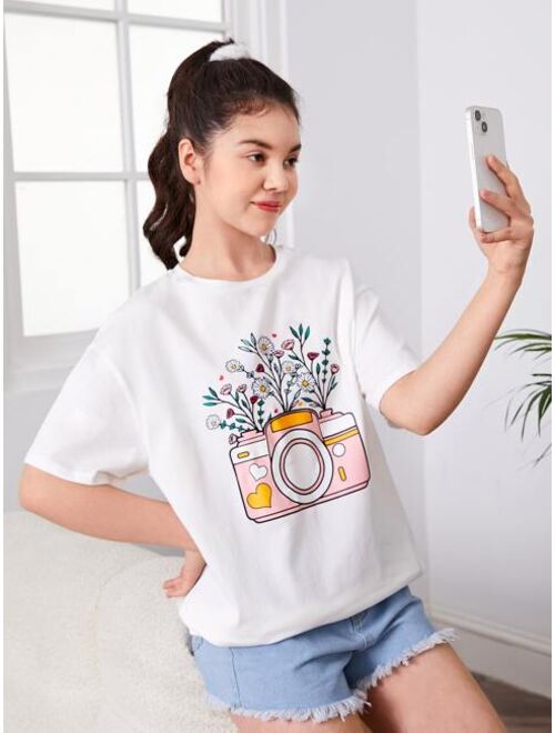 SHEIN Teen Girls Camera & Floral Print Drop Shoulder Tee