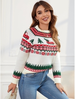 Women's Christmas Cedar Snowflake Trucks Patterns Knitted Sweater Long Sleeve Floral Printed Pullover Tops