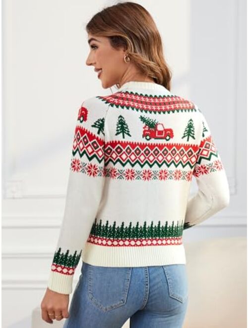 ZAFUL Women's Christmas Cedar Snowflake Trucks Patterns Knitted Sweater Long Sleeve Floral Printed Pullover Tops