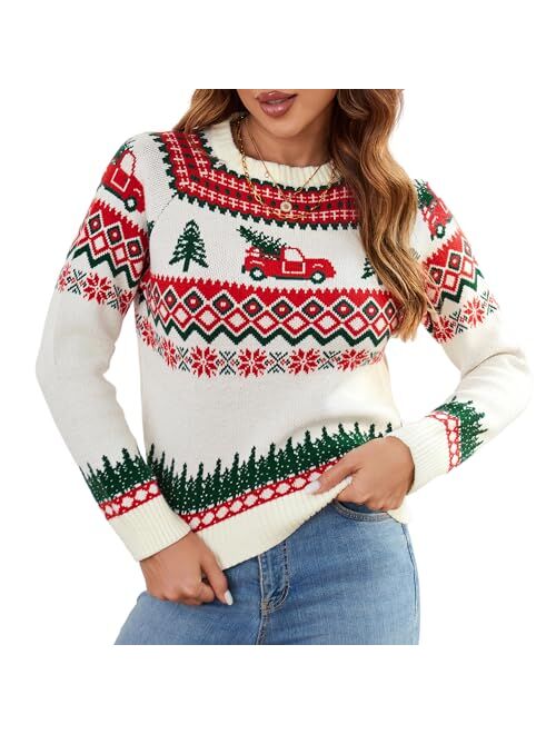 ZAFUL Women's Christmas Cedar Snowflake Trucks Patterns Knitted Sweater Long Sleeve Floral Printed Pullover Tops