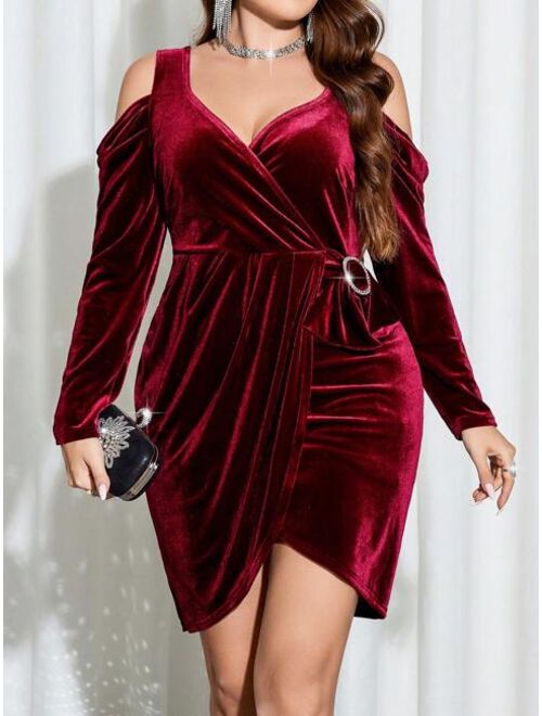 SHEIN Prive Plus Cold Shoulder Wrap Hem Velvet Dress