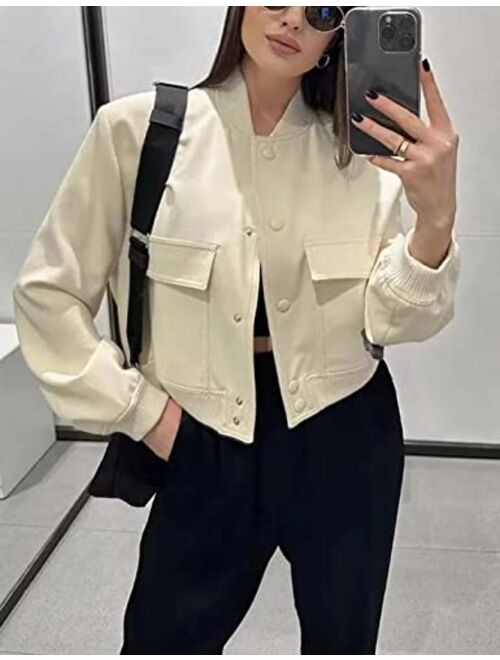 Megfie Womens Cropped Bomber Jacket Button Down Varsity Jackets Shackets With Pockets