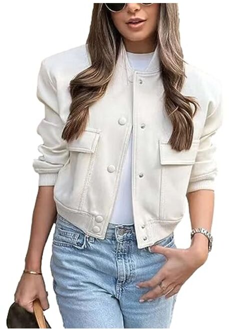 Megfie Womens Cropped Bomber Jacket Button Down Varsity Jackets Shackets With Pockets