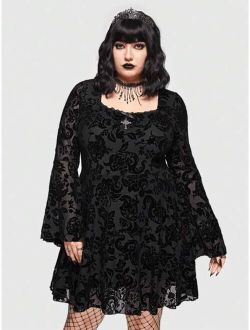 Goth Plus Floral Print Bell Sleeve Mesh Dress