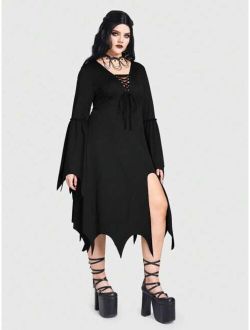 Goth Plus Lace Up Front Bell Sleeve Asymmetrical Hem Dress