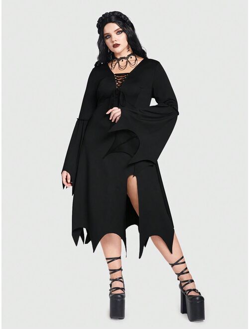 ROMWE Goth Plus Lace Up Front Bell Sleeve Asymmetrical Hem Dress