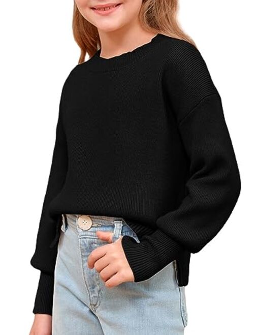 rrhss Girls Fashion Sweaters Kids Drop Shoulder Long Sleeve Crewneck Pullover with Side Slit