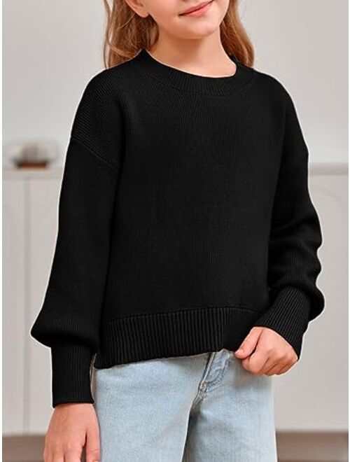 rrhss Girls Fashion Sweaters Kids Drop Shoulder Long Sleeve Crewneck Pullover with Side Slit