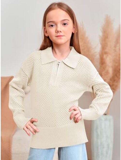 Haloumoning Girls Half Zip Pullover Sweater Kids Hollow Out Lapel Long Sleeve Fashion Ribbed Knit Tops 3-14 Years