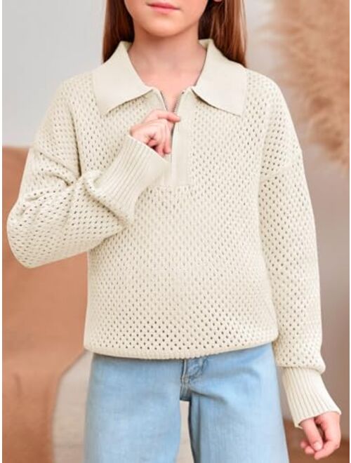 Haloumoning Girls Half Zip Pullover Sweater Kids Hollow Out Lapel Long Sleeve Fashion Ribbed Knit Tops 3-14 Years