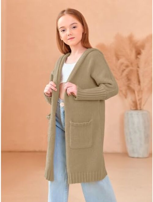 Haloumoning Girls Hooded Long Cardigan Kids Fashion Open Front Knit Sweater Outerwear Coat 5-14 Years
