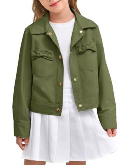 Haloumoning Girls Button Down Crop Jackets Kids Fashion Lapel Outerwear Clothes with Chest Pockets 3-12 Years