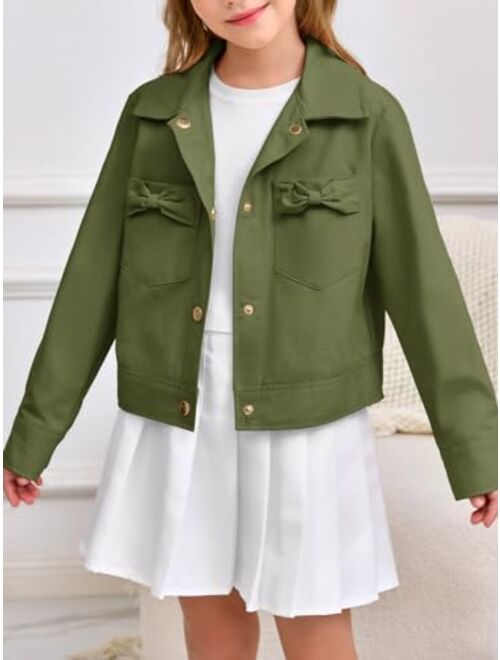 Haloumoning Girls Button Down Crop Jackets Kids Fashion Lapel Outerwear Clothes with Chest Pockets 3-12 Years