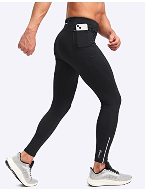 Pudolla Men's Thermal Running Tights with 3 Zipper Pockets Workout Compression Leggings Cycling Pants for Men Hiking Jogging