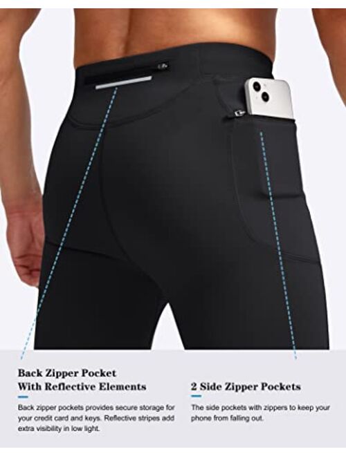 Pudolla Men's Thermal Running Tights with 3 Zipper Pockets Workout Compression Leggings Cycling Pants for Men Hiking Jogging