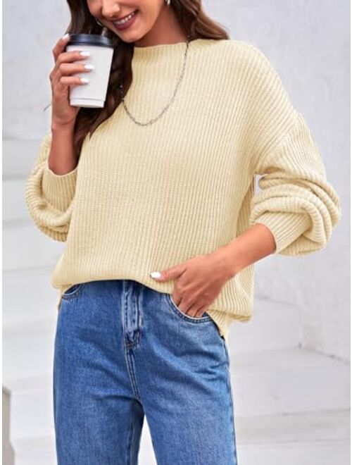Langwyqu Women's Oversized Crewneck Pullover Sweater Casual Trendy Long Lantern Sleeve Ribbed Knit Jumper Tops