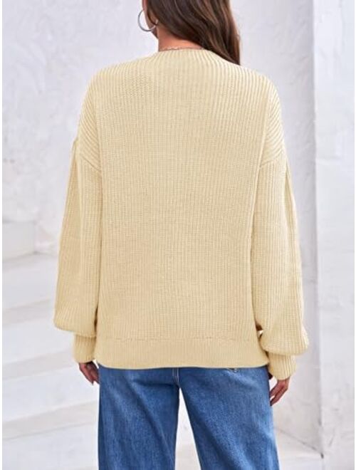 Langwyqu Women's Oversized Crewneck Pullover Sweater Casual Trendy Long Lantern Sleeve Ribbed Knit Jumper Tops