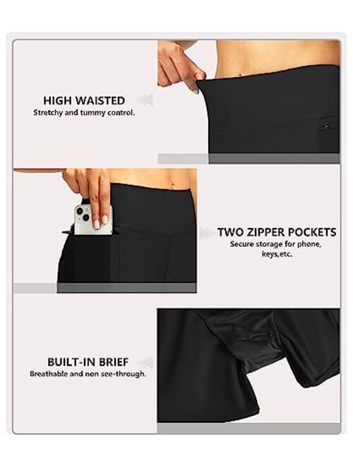 Pudolla Women's Swim Shorts with Zipper Pockets High Waisted Quick Dry Board Swimsuit Bathing Shorts for Women with Liner