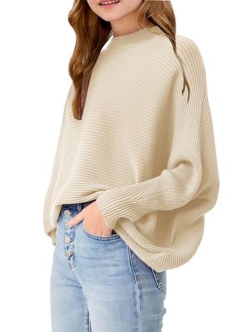 Haloumoning Girls Oversized Sweater Kids Fashion Batwing Sleeve Ribbed Knit Pullover Tops 5-14 Years