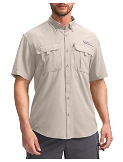Pudolla Men's Fishing Shirts Short Sleeve Travel Work Shirts Summer Button Down Shirts for Men UPF50+ with Zipper Pockets
