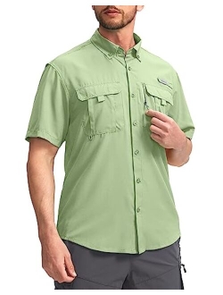 Pudolla Men's Fishing Shirts Short Sleeve Travel Work Shirts Summer Button Down Shirts for Men UPF50+ with Zipper Pockets