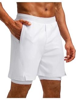 Pudolla Men's 2 in 1 Running Shorts 7" Lightweight Workout Athletic Gym Shorts for Men with Zipper Pockets