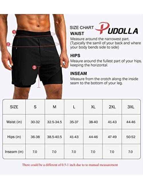 Pudolla Men's 2 in 1 Running Shorts 7" Lightweight Workout Athletic Gym Shorts for Men with Zipper Pockets